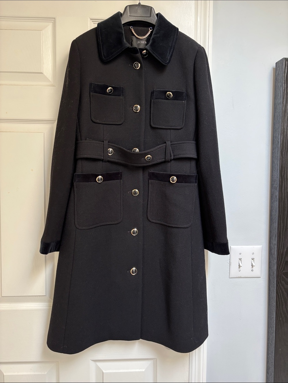 J. Crew Navy Wool Velvet-Trim Belted Coat - NWOT